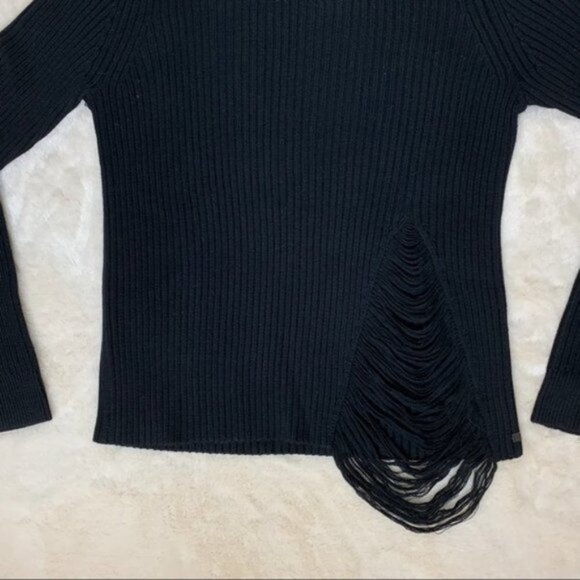 Revolve One Grey Day Robert Sweater Cropped Shredded Knit Crewneck Cotton Black - Picture 8 of 16